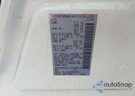 2015 Nissan Pathfinder Sl z USA, uszkodzony, nr VIN 5N1AR2MNXFC628856